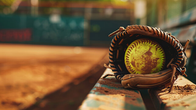 Weathered softball and gloves on the field, a nostalgic sports background