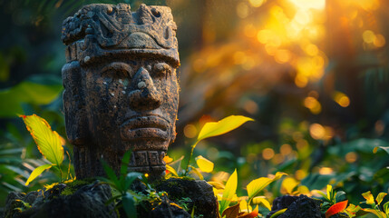 Weathered stone sculpture in a jungle setting with golden sunlight filtering through
