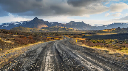 Gravel road leading through dramatic Icelandic landscape with rugged mountains - obrazy, fototapety, plakaty