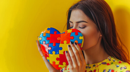 Young woman kissing a heart-shaped puzzle representing autism awareness