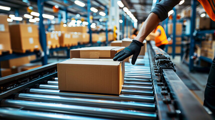 Warehouse worker in motion at conveyor belt, processing a parcel for shipping in a distribution center