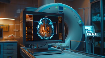 PET CT scan of human brain on screen of diagnosis machine - obrazy, fototapety, plakaty