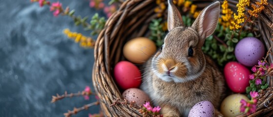 Fototapeta na wymiar a brown rabbit sitting in a basket filled with colorful easter eggs and a bunch of flowers on the side of the basket.