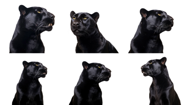 Black panther, many angles and view portrait side back head shot isolated on transparent background