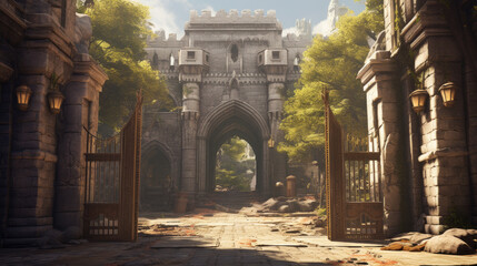 Entrance to the kingdom, or gated city. Medieval gate or checkpoint. Generative AI.