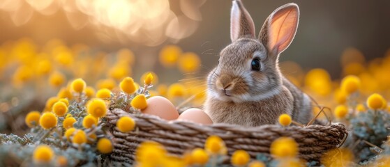 a rabbit sitting in a basket in a field of yellow flowers with eggs in the basket in the foreground.