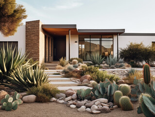 exterior of design single story modern house is contemporary in desert. Generative AI.