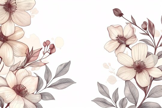 Stylish botanical backdrop featuring fashionable blooms and simple floral elements for wall adornment or wedding use. Hand-drawn refined foliage for invitation