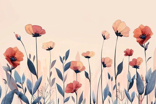 Exquisite floral motif featuring stylish blooms and simple foliage, perfect for adorning walls or wedding invitations.