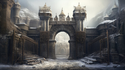 Entrance to the kingdom, or gated city. Medieval gate or checkpoint. Generative AI.