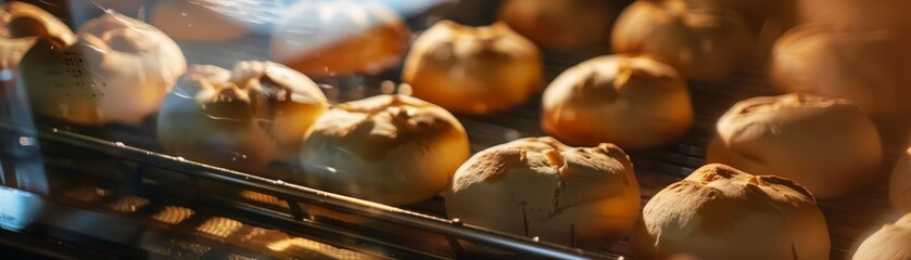 Process of sweet buns baking in oven.  - obrazy, fototapety, plakaty