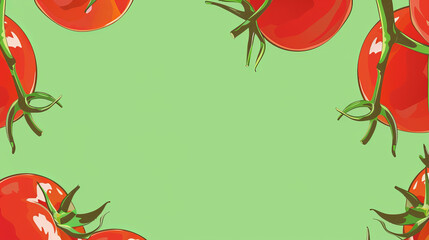 Stylized illustration of ripe, red tomatoes against a vivid green backdrop, exuding freshness and a...
