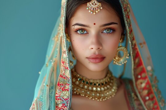 Stunning Indian lady with henna tattoo and ornate accessories in traditional dress.