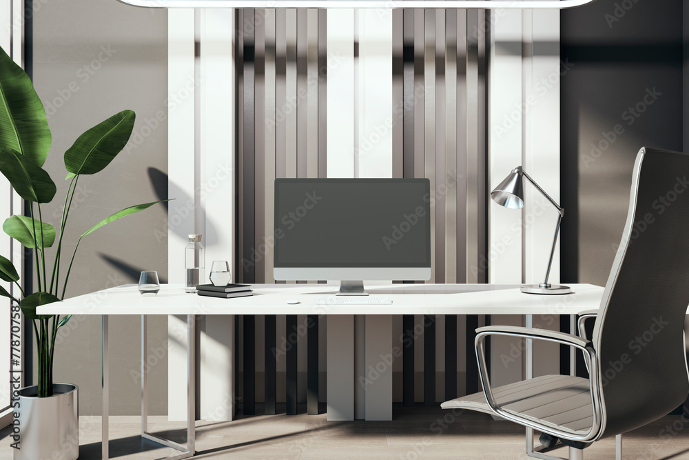 Poster contemporary office or library workplace with empty mock up computer, sunlight, pot with plant, book