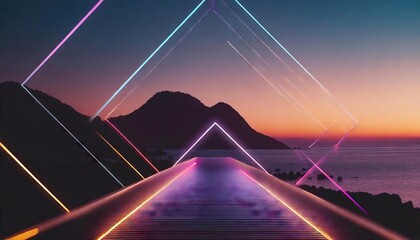 Fototapeta na wymiar Abstract neon background with glowing geometric shapes and seascape terrain panoramic view