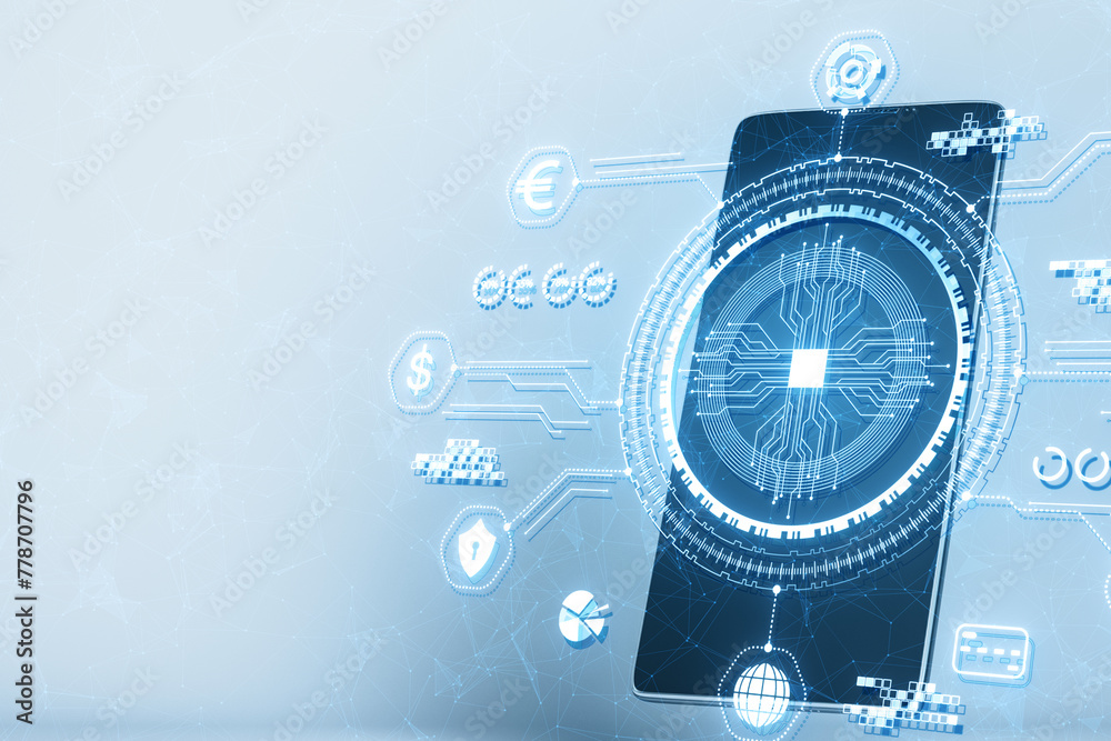 Aufkleber close up of smartphone with creative digital polygonal business hologram, banking and safety icons o