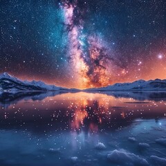 Frozen lake that mirrors the universe above stars and nebulae beneath the ice - obrazy, fototapety, plakaty