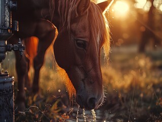 Horse drinking from a mechanical water dispenser close up - obrazy, fototapety, plakaty