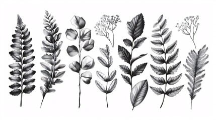 Foliage set. Botanical sketch. Frond gum shrub. Antique flowery backdrop. Decorative pieces. Separated. Monochrome. - obrazy, fototapety, plakaty