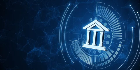 Poster Creative polygonal circuit banking hologram on blue wallpaper. Digital transformation and online bank concept. 3D Rendering. © Who is Danny