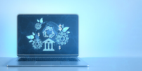 Close up of laptop with creative esg hologram on polygonal blue background with mock up place. Business and organization, Environment, Social, Governance concept. 3D Rendering.