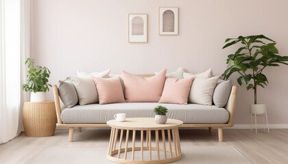 A beautiful living room with a gray sofa pink pillows and a coffee table with a potted plant