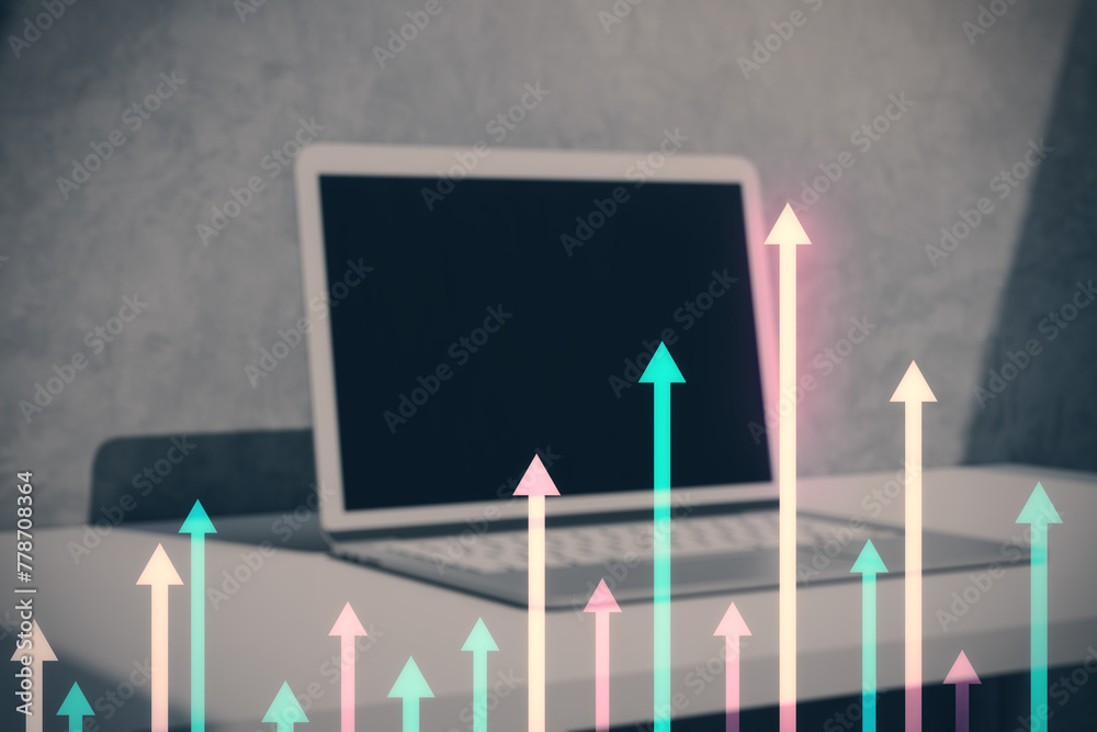 Aufkleber close up of laptop on desk with various growing arrows on concrete background. mock up place. growth