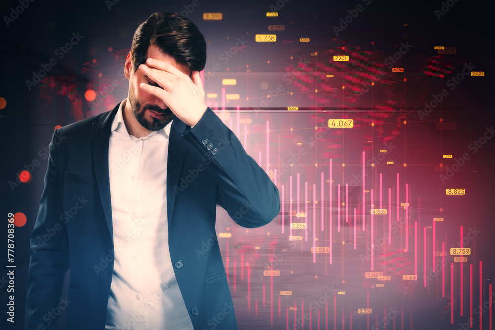Aufkleber stressed young businessman with downward red forex chart with map, grid and index on blurry office i