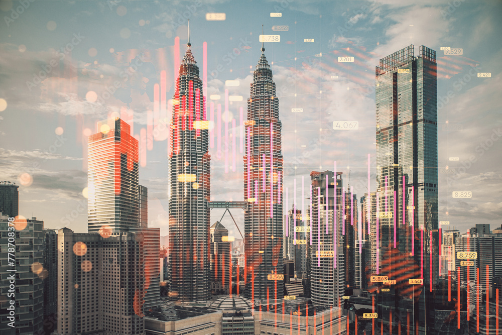 Poster abstract downward red forex chart with map, grid and index on blurry city texture. financial crisis 