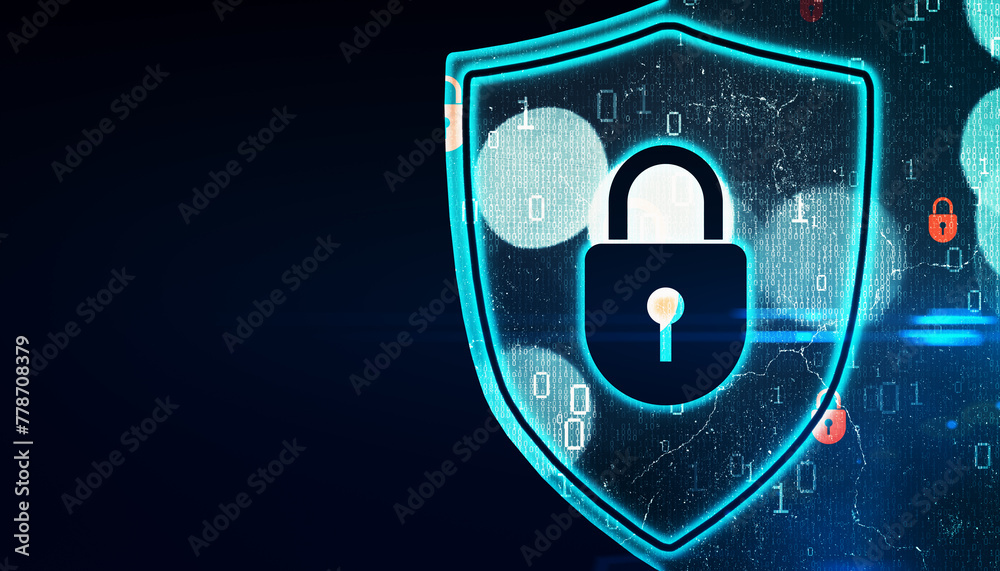 Poster Abstract digital blue shield with padlock on dark background with mock up place. Safety and web protection concept. 3D Rendering.