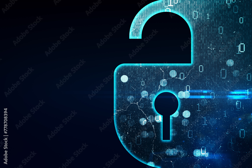 Poster Abstract digital blue padlock on dark background with mock up place. Safety and web protection concept. 3D Rendering.