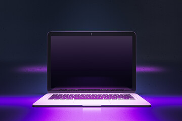 Close up of creative neon purple light gaming laptop with mock up place. 3D Rendering.