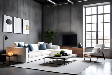 Loft interior design of modern living room, home. Studio apartment with white sofa against concrete wall
