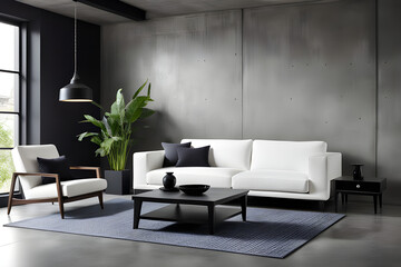 Loft interior design of modern living room, home. Studio apartment with white sofa against concrete wall