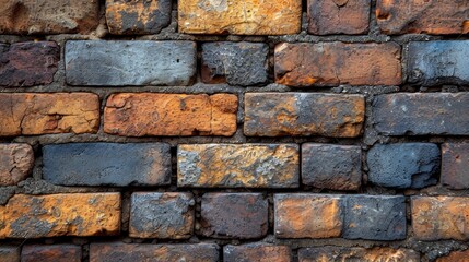 Fototapeta premium a close up of a brick wall made out of different colors and sizes of bricks with a rusted pattered surface.