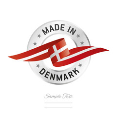 Made in Denmark. Denmark flag ribbon with circle silver ring seal stamp icon. Denmark sign label vector isolated on white background