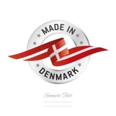 Foto op Aluminium Made in Denmark. Denmark flag ribbon with circle silver ring seal stamp icon. Denmark sign label vector isolated on white background © simbos