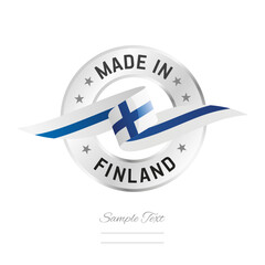 Made in Finland. Finland flag ribbon with circle silver ring seal stamp icon. Finland sign label vector isolated on white background