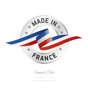 Made in France. France flag ribbon with circle silver ring seal stamp icon. France sign label vector isolated on white background