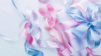 abstract illustration of pastel-colored ribbons gracefully adorning a wrapped gift, creating a dreamy and enchanting visual for advertising occasions like birthdays or baby showers. 