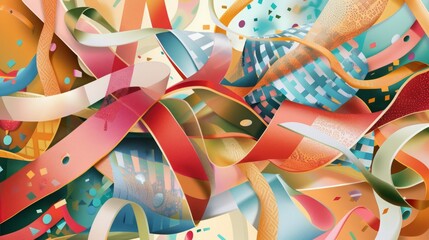 Abstract illustration of retro-inspired ribbons collaged together to adorn a wrapped gift, offering a nostalgic and charming visual for advertising themed events. 
