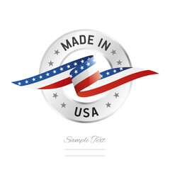 Made in USA. USA flag ribbon with circle silver ring seal stamp icon. USA sign label vector isolated on white background - obrazy, fototapety, plakaty