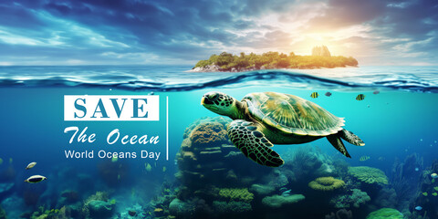A Hawksbill sea turtle swim in blue lagoon Ocean, a turtle day, world ocean day, save the ocean