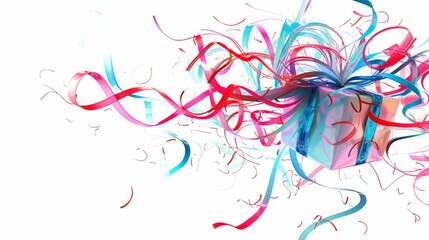 Fototapeta premium Abstract illustration of a wrapped gift with ribbons swirling and dancing in a whimsical manner, on the white, background , perfect for promoting festive occasions. 