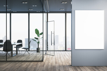 Modern glass conference room interior with wooden flooring, empty white mock up banner on wall,...