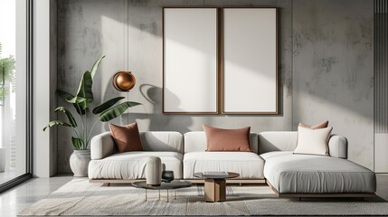 3Drendered minimal living room with elegant frame mockups, simplicity defined