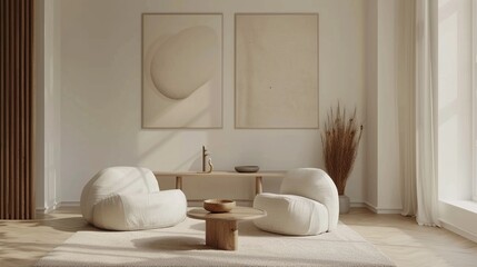 3Drendered living room, minimal design, frame mockups awaiting creative displays