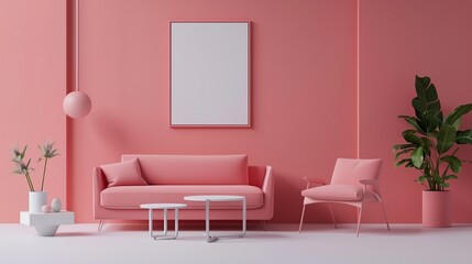 Bright 3D minimal living room, frame mockups ready to personalize the space