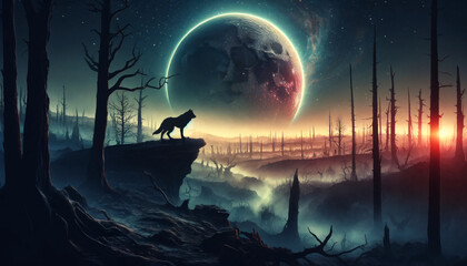 Wolf standing at the cliff, deserted world, moon landscape  - obrazy, fototapety, plakaty