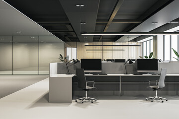 Modern warehouse style coworking office interior with panoramic windows and city view. Workplace concept. 3D Rendering.